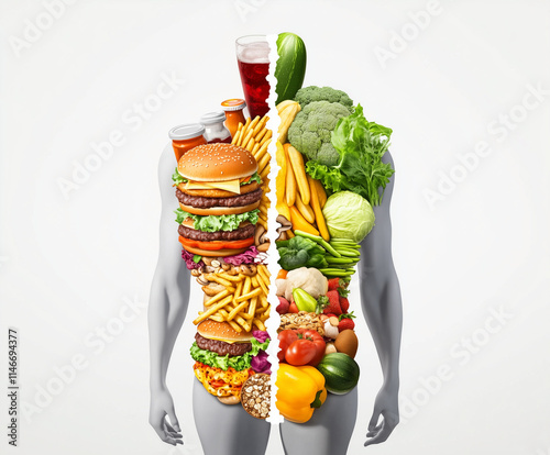 Illustration of a human body formed from various fruits and vegetables, symbolizing healthy living, fitness, and nutrition, isolated on white background photo