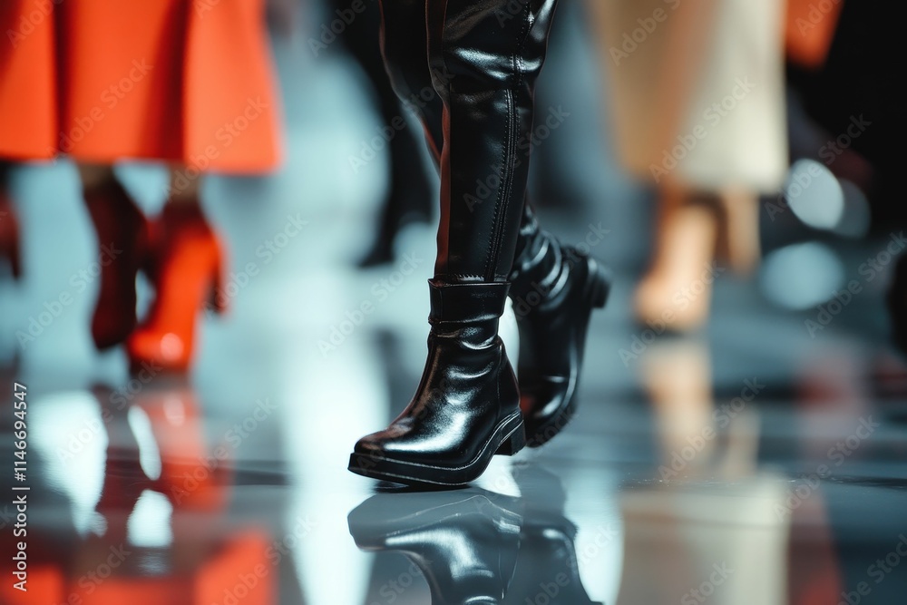 Fototapeta premium Black boots, glossy surface, fashion show, reflections.