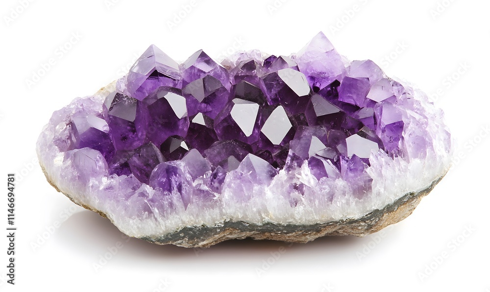 Amethyst geode, with sharp, vibrant purple crystals on a white background. Amethyst geode, with sharp, vibrant purple crystals on a white background.