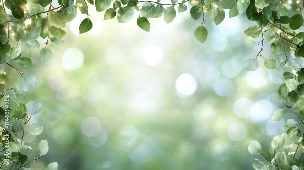 Lush green leaves frame soft, blurred background Lush green leaves frame soft, blurred background