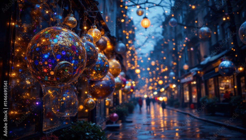 Obraz premium Festive lights display city street night holiday