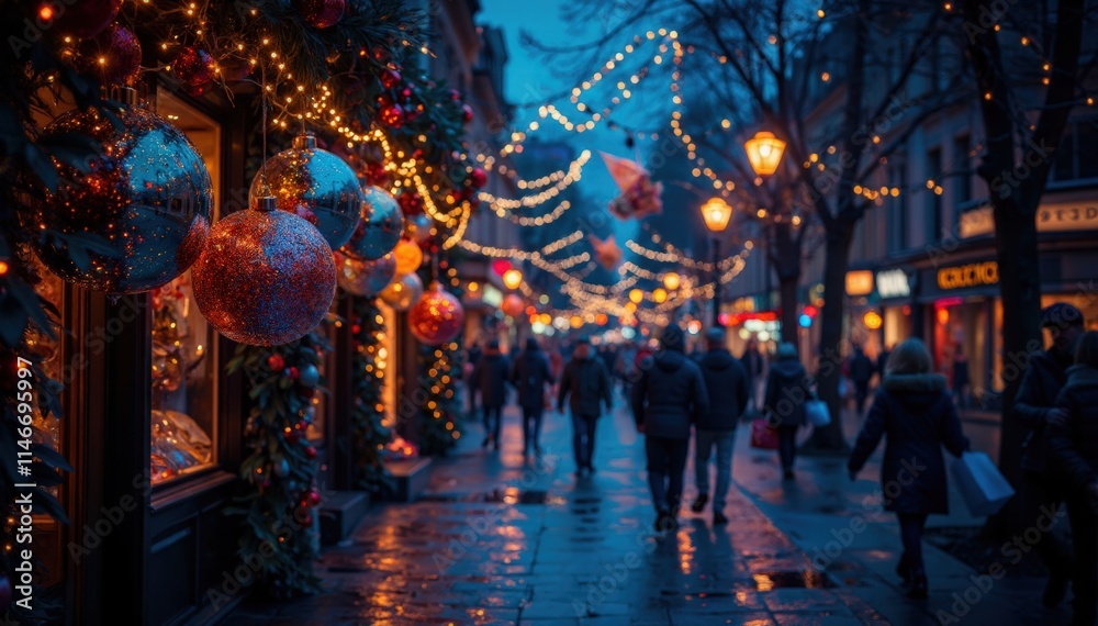 Obraz premium Festive holiday stroll city street nighttime