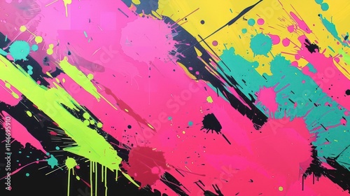 Abstract colorful splashes of paint on a black background, creating a vibrant visual effect. photo