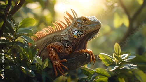 A realistic photo of a playful iguana lounging on a tree branch, surrounded by tropical greenery, with soft sunlight filtering through the leaves. photo