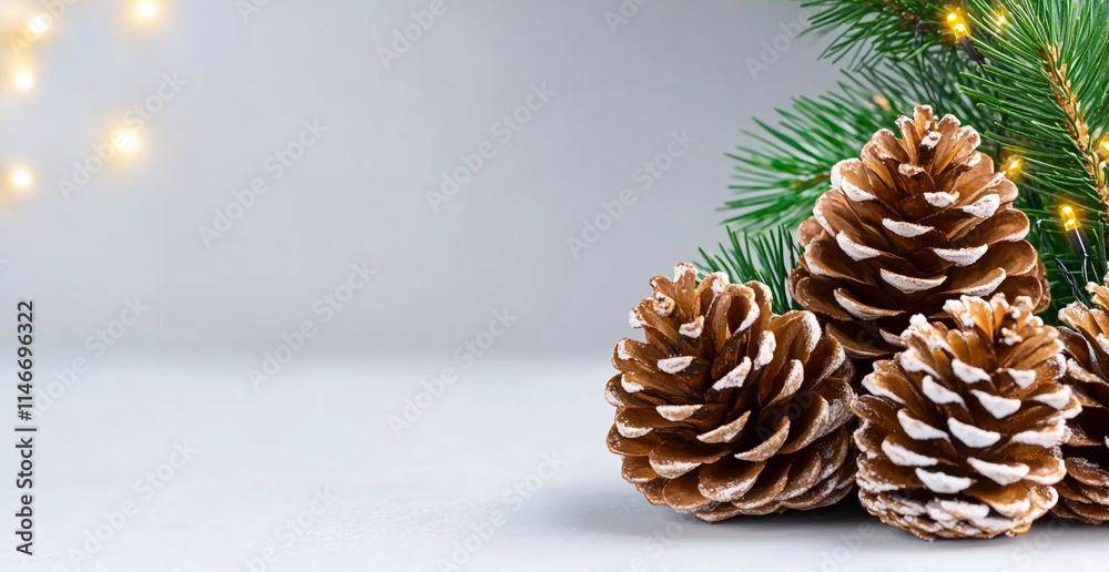 Festive Christmas Background with Pine Cones and Lights Festive Christmas Background with Pine Cones and Lights