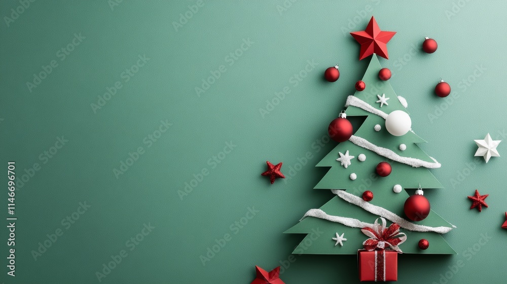 A paper Christmas tree cutout adorned ornaments, stars, and a wrapped gift, conveying a festive holiday atmosphere and creative design A paper Christmas tree cutout adorned ornaments, stars, and a wrapped gift, conveying a festive holiday atmosphere and creative design