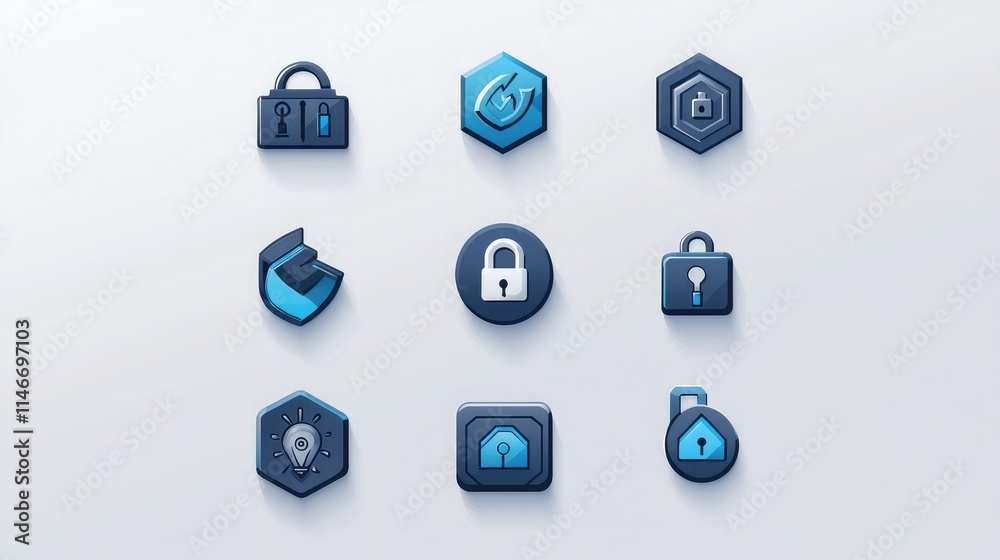 Icon grid with cybersecurity symbols in blue and gray against a light background Icon grid with cybersecurity symbols in blue and gray against a light background
