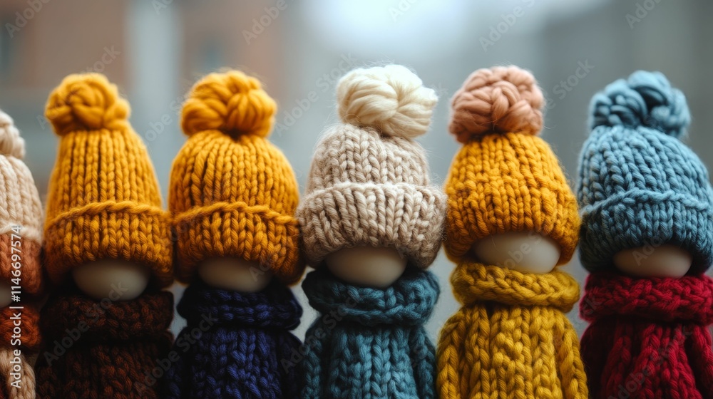 Woolen hats, scarves adorn small figures. Woolen hats, scarves adorn small figures.