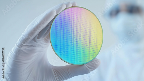 Researcher holding chip wafer for inspection