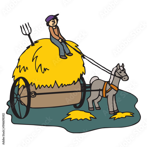 The farmer rides a horse with a cart filled with hay