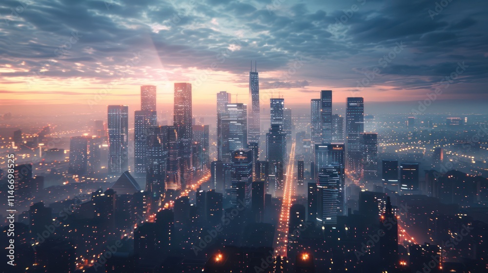 Fototapeta premium A stunning cityscape at dusk, showcasing skyscrapers and a vibrant skyline.