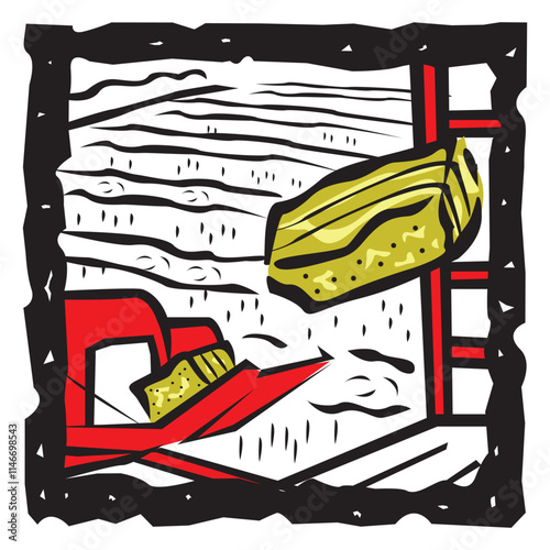 Bales hay barn composition with inside view of barn with open door with haymow and pitchfork