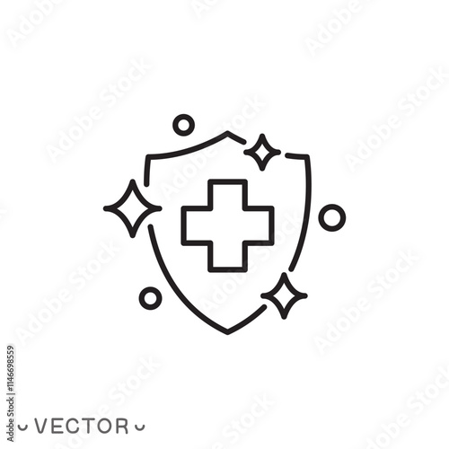 sterile icon, health protection, medically sterile, medical cross with clean shiny surface, thin line symbol isolated on white background, editable stroke eps 10 vector illustration