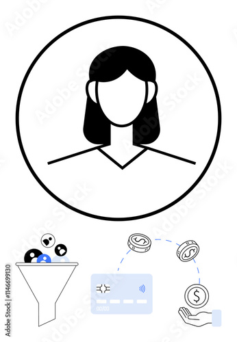 Simplified profile avatar with surrounding elements thumbs up a funnel with icons, a credit card, and money symbols. Ideal for finance, identification, transactions, security, digital wallets, online