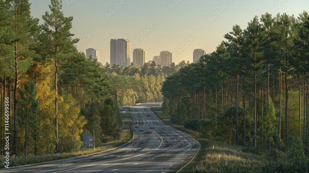 Fototapeta premium A serene highway lined with trees, leading to city skyscrapers in the background.