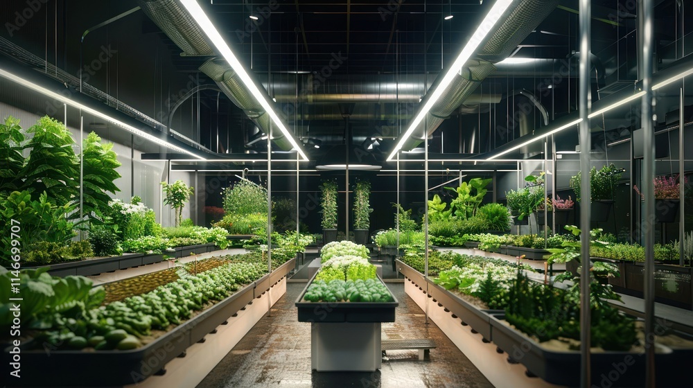 A modern indoor garden featuring rows of vibrant plants under fluorescent lighting. A modern indoor garden featuring rows of vibrant plants under fluorescent lighting.