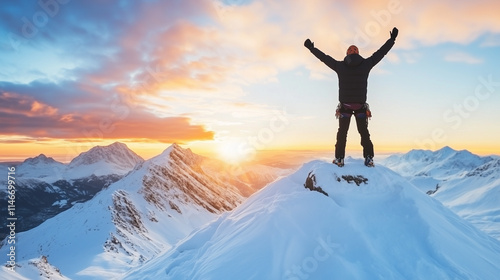 A person standing on the top of a mountain with arms open at dawn