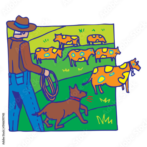 Man farmer walking with cow isometric 3d vector