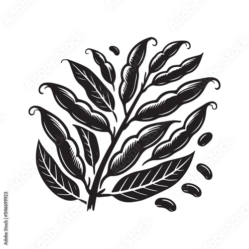 Green Beans Silhouette Vector Illustration, Solid White Background.