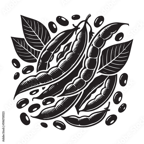 Green Beans Silhouette Vector Illustration, Solid White Background.