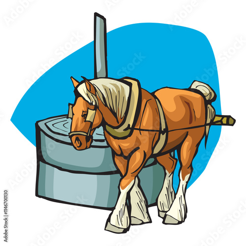 old millstone with horse. Hand millstones for grain with handle holder.