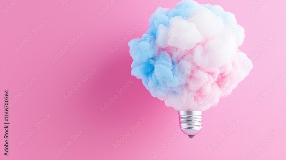 Pastel pink and blue cloud shaped like a lightbulb on pink background. Pastel pink and blue cloud shaped like a lightbulb on pink background.