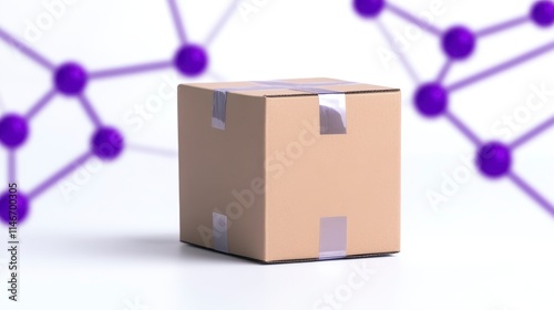 A simple cardboard box on a soft background with abstract purple molecular structures, suggesting themes of packaging and technology. photo