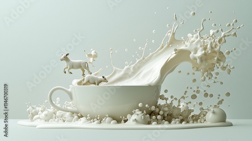 Two goats leaping from a cup of milk creating a splash. photo