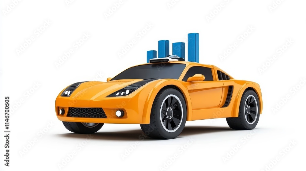 A bright yellow toy sports car with blue building-like structures on its roof, designed for imaginative play and fun. A bright yellow toy sports car with blue building-like structures on its roof, designed for imaginative play and fun.