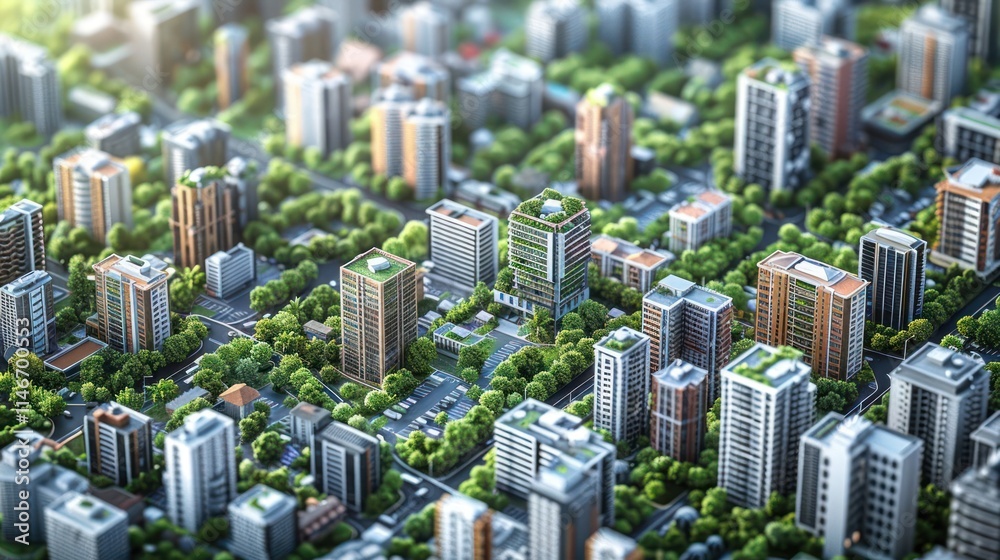 Aerial view of a modern cityscape with buildings and greenery. Aerial view of a modern cityscape with buildings and greenery.
