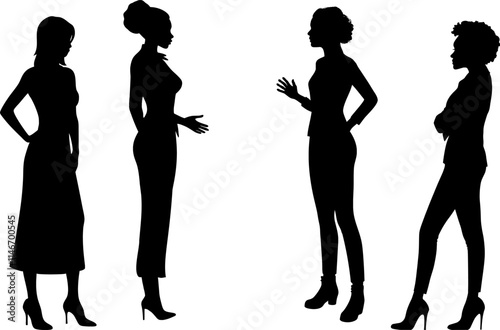 Vektor Silhouetten Körper 4 Frauen im Business Outfit - Gespräch mit Gestik von zwei Teams . Konflikt und Lösung - Kommunikation im internationalen Team