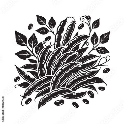 Green Beans Silhouette Vector Illustration, Solid White Background.