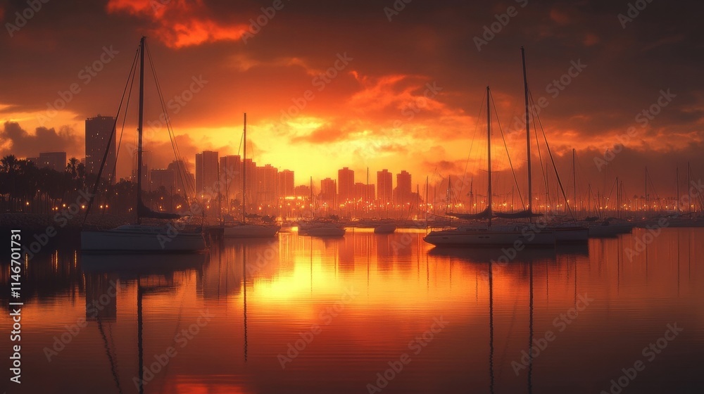 Fototapeta premium stunning sunset over marina with city skyline