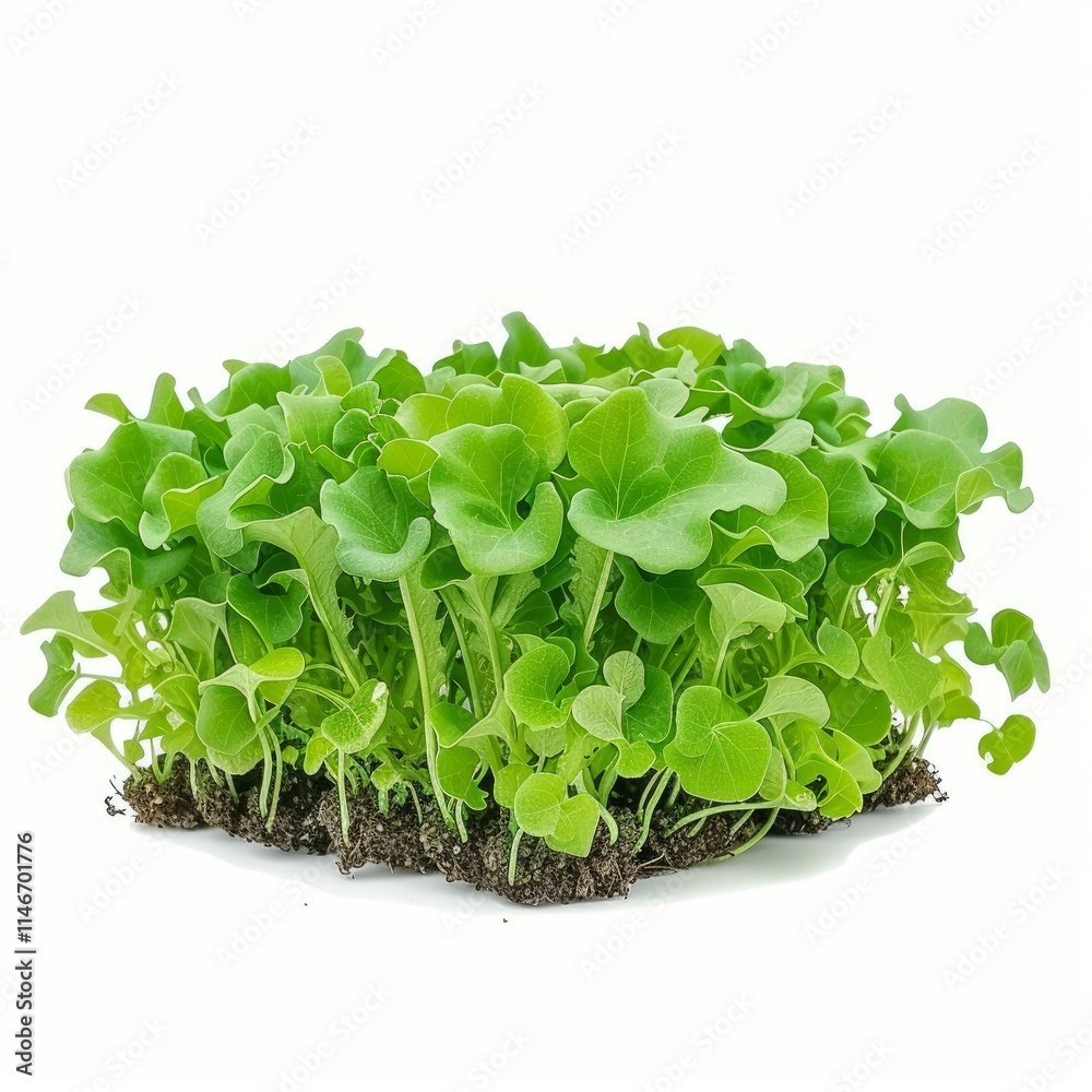 Square piece of soil with fresh green oak leaf lettuce growing from it, isolated on a white background Square piece of soil with fresh green oak leaf lettuce growing from it, isolated on a white background