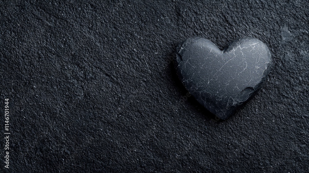 Fototapeta premium Dark heart shaped stone placed on a textured black slate background with copy space.