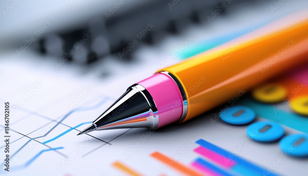 Close-up of a colorful pen on financial charts and graphs for business analysis. Close-up of a colorful pen on financial charts and graphs for business analysis.