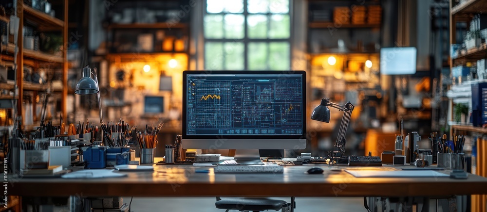 Computer screen displaying data on a desk in a workshop. Computer screen displaying data on a desk in a workshop.