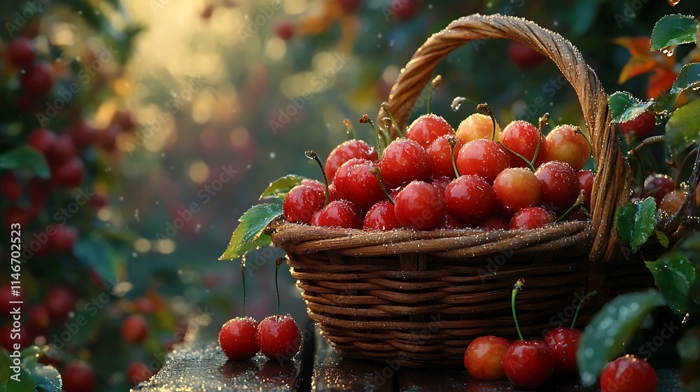 A rustic scene of a basket filled with cherries covered in morning dew, placed on a wooden table in an outdoor garden. A rustic scene of a basket filled with cherries covered in morning dew, placed on a wooden table in an outdoor garden.