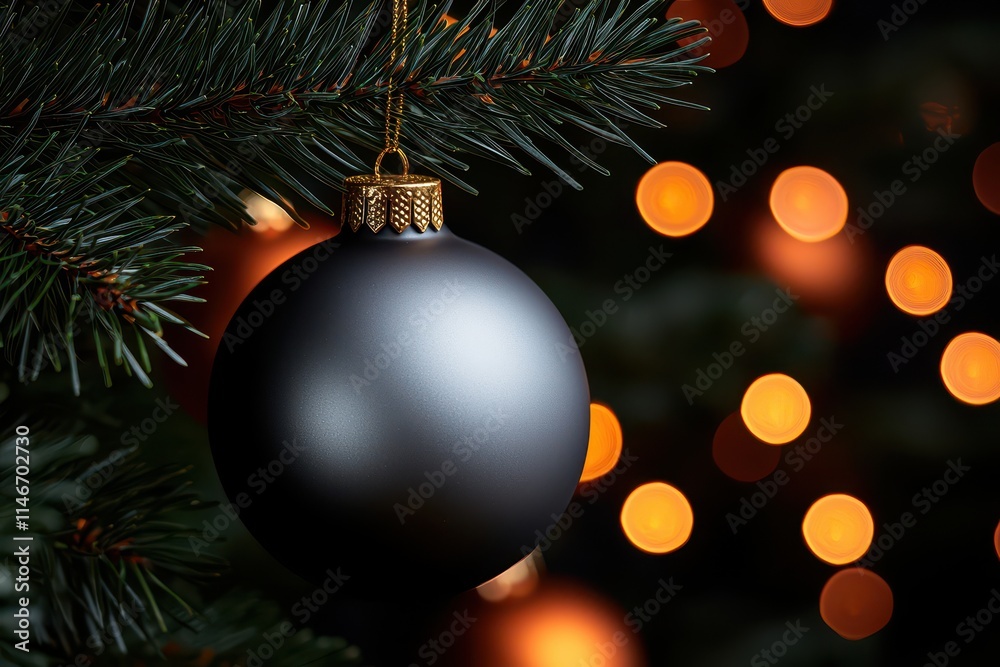 Elegant black Christmas ornament hanging on a tree, glowing festive lights create ambiance. Elegant black Christmas ornament hanging on a tree, glowing festive lights create ambiance.