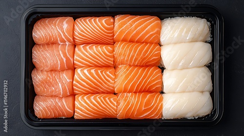 Salmon and White Fish Sushi Assortment in a Black Tray