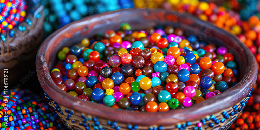 Fototapeta premium Colorful Round Beads in a Brown Bowl