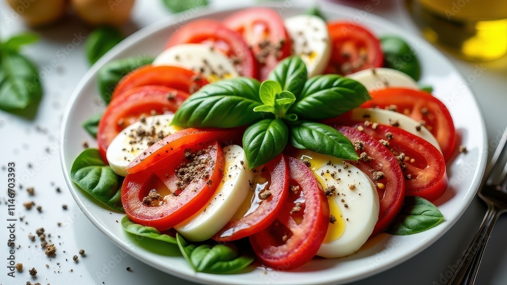 A close-up of classic Insalata Caprese featuring ripe tomatoes, creamy mozzarella, and basil, drizzled with olive oil and balsamic glaze, arranged in a circle on a white plate A close-up of classic Insalata Caprese featuring ripe tomatoes, creamy mozzarella, and basil, drizzled with olive oil and balsamic glaze, arranged in a circle on a white plate