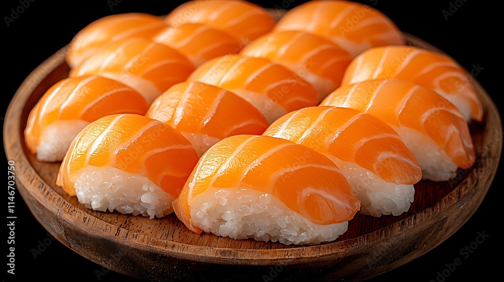 Delicious Salmon Sushi Platter on Wooden Tray Delicious Salmon Sushi Platter on Wooden Tray