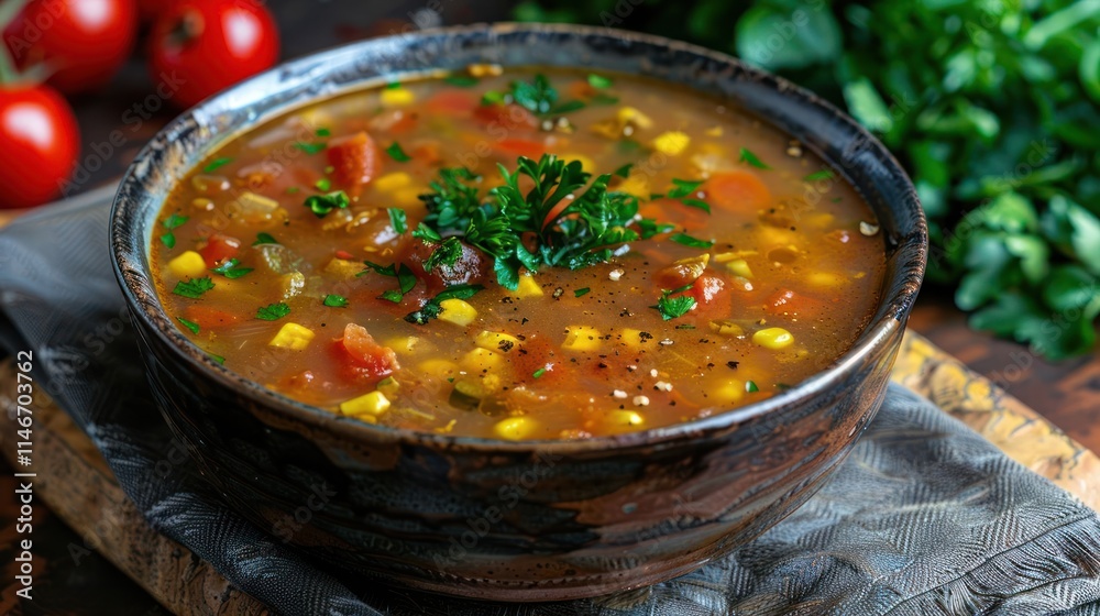 A hearty bowl of vegetable soup garnished with parsley, surrounded by fresh ingredients. A hearty bowl of vegetable soup garnished with parsley, surrounded by fresh ingredients.