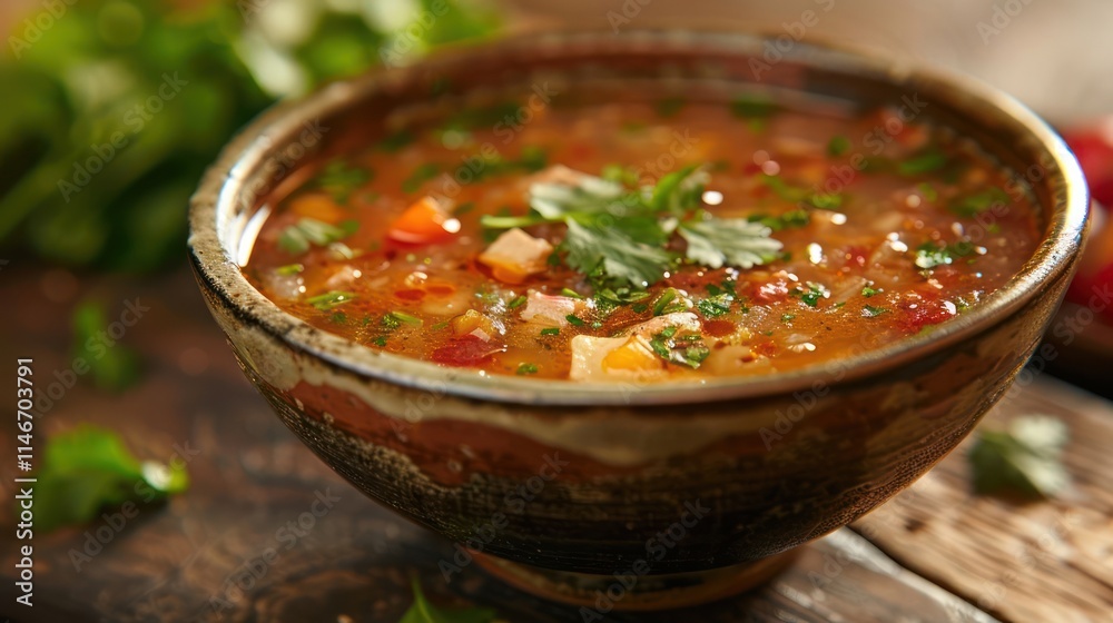 A bowl of hearty soup garnished with herbs, showcasing a warm, inviting meal. A bowl of hearty soup garnished with herbs, showcasing a warm, inviting meal.