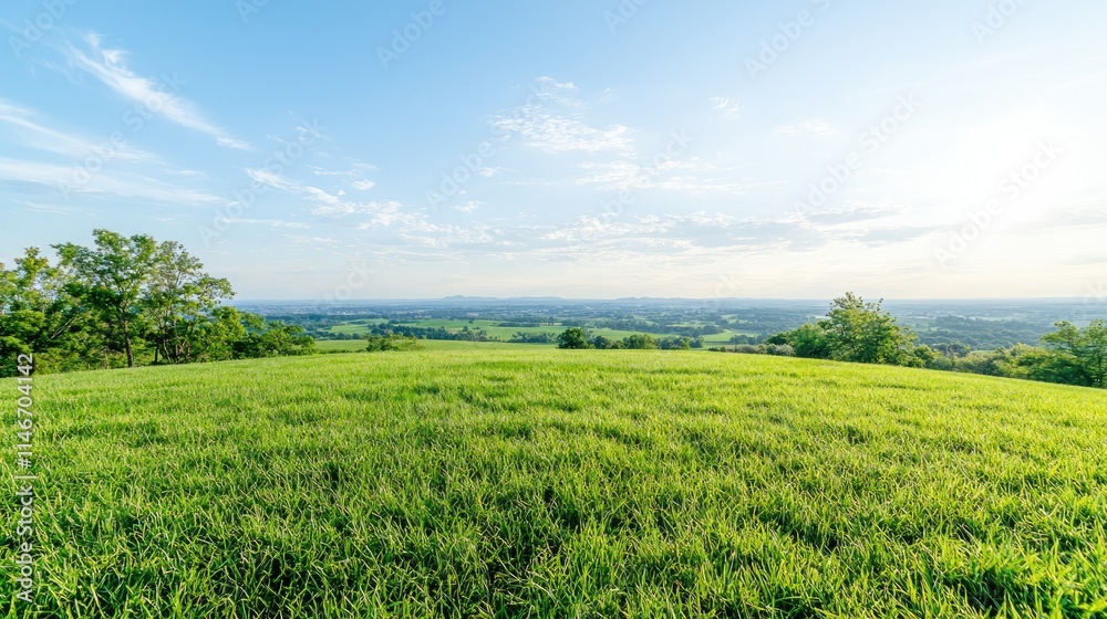 Lush green field atop a hill, overlooking a vast valley under a bright blue sky with a few clouds. Lush green field atop a hill, overlooking a vast valley under a bright blue sky with a few clouds.