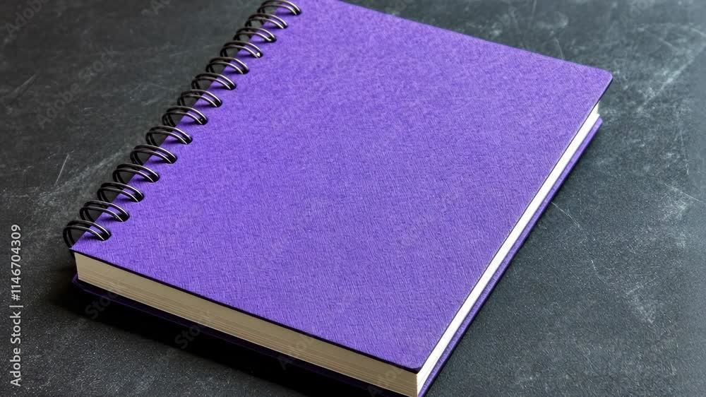 Purple spiral notebook resting on a dark surface with blank pages ready for writing or drawing
