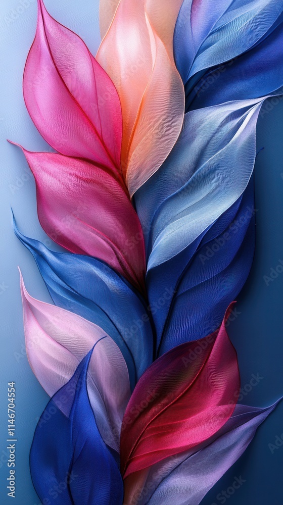 A vibrant composition of flowing, translucent leaves in shades of pink, blue, and purple, creating a sense of movement. A vibrant composition of flowing, translucent leaves in shades of pink, blue, and purple, creating a sense of movement.