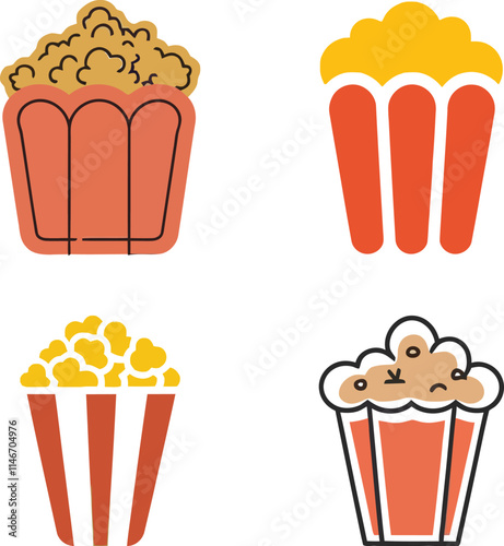 Four vector illustrations of popcorn on a white background.
