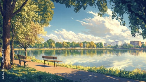 Wallpaper Mural serene lakeside park bench scene Torontodigital.ca